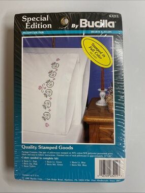 Vintage 1990 Bucilla Hearts & Tulips Stamped Pillowcase Pair Cross Stitch Kit